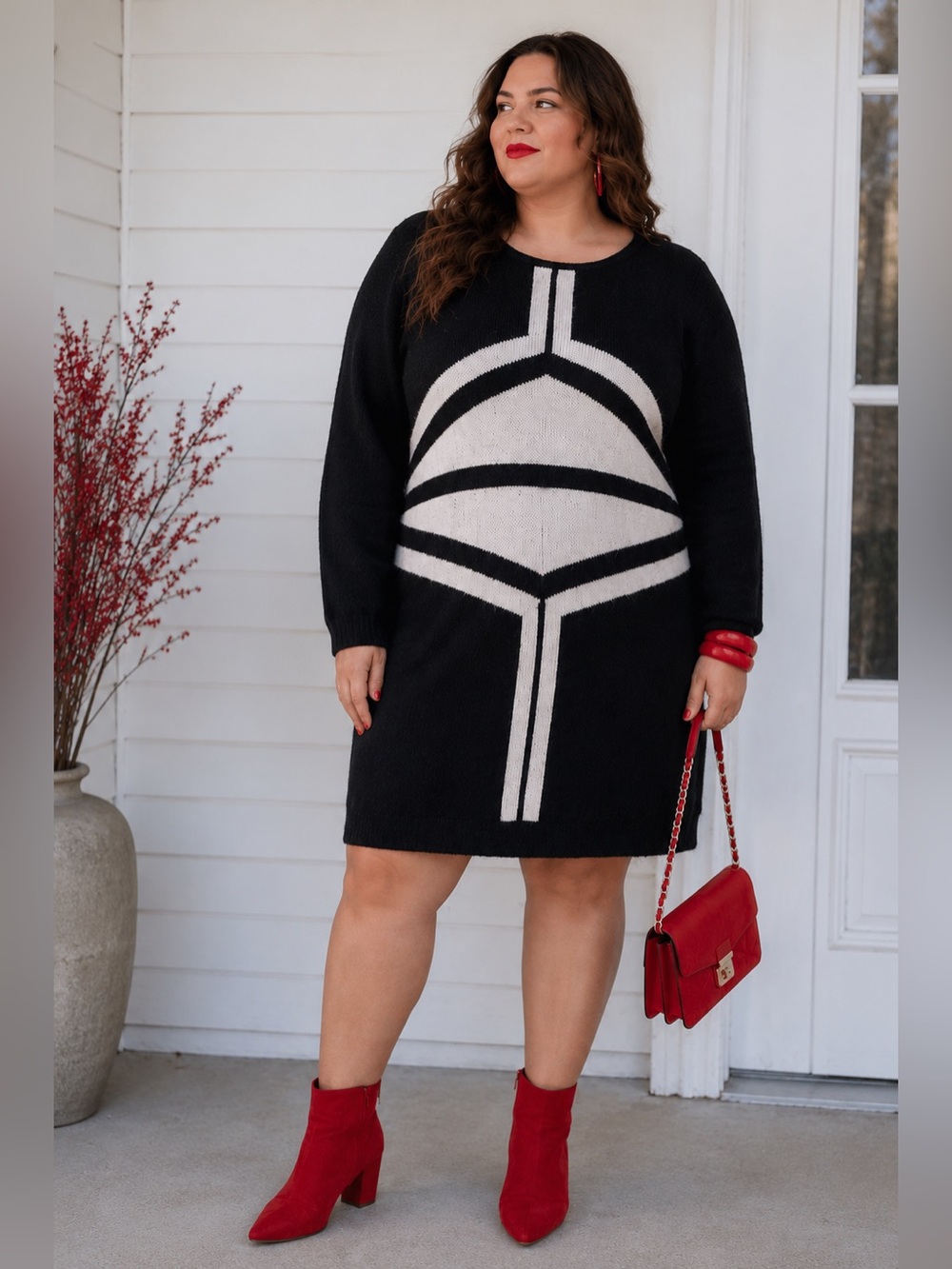 New BCBG Max Azria Black & Cream Geometric Long Sleeve Wool ♾️ Sweater Dress NWT
